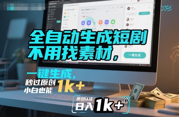 全自动生成短剧，不用找素材，不用剪辑，一键生成，秒过原创，小白也能轻松日入1k+【揭秘】