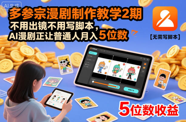 多参宗漫剧制作教学2期，不用出镜不用写脚本，AI漫剧正让普通人月入5位数（更新）